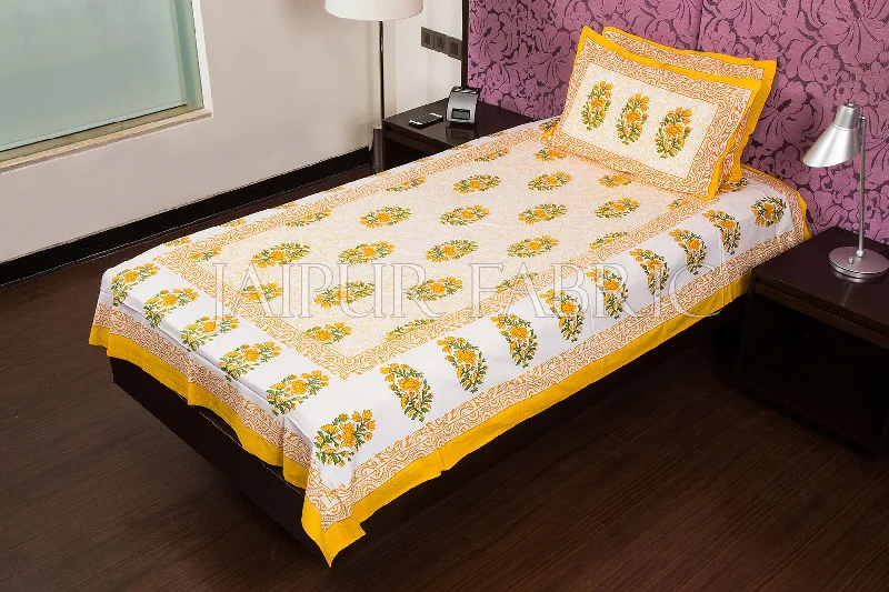 Price Slash White Base  Yellow Print Cotton Single Bed Sheet
