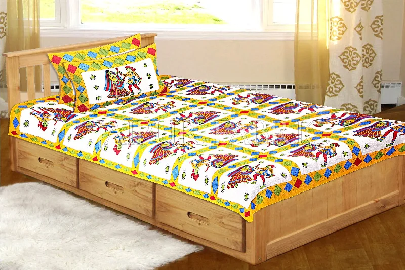 Deal Mania Yellow Base Jaipuri Folk Dance Cotton Single Bed Sheet
