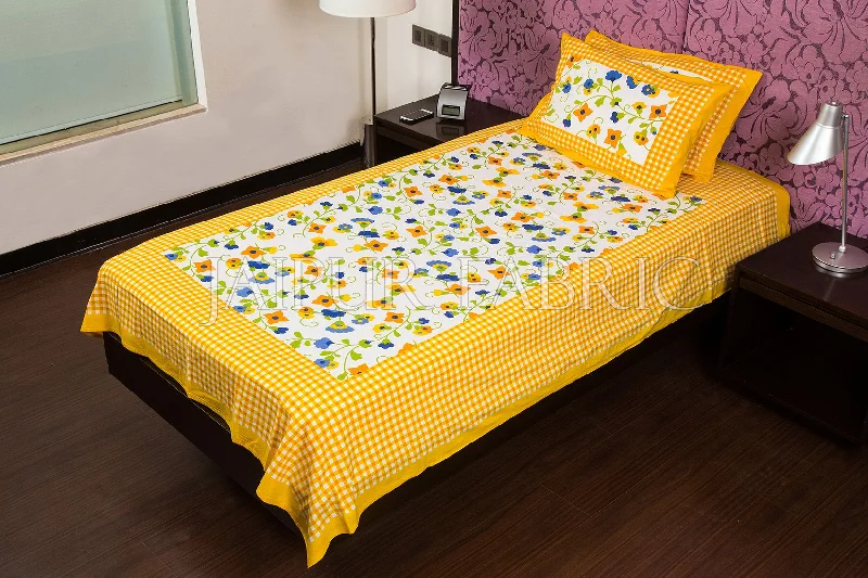 Instant Savings Yellow Checks White Base Floral Print  Single Cotton Bed sheet